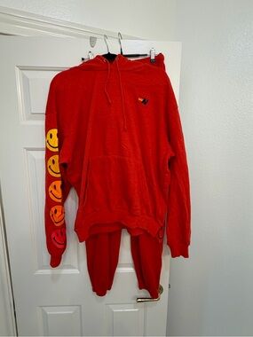 Aviator Nation Red Hooded Pullover and Pants with Smiley Faces (sold together)